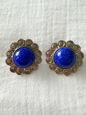 Vintage Silver & Blue Lapis Cabochon Clip-On Earrings